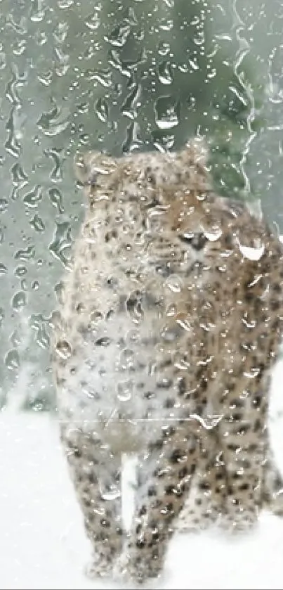 Leopard seen through raindropped glass.