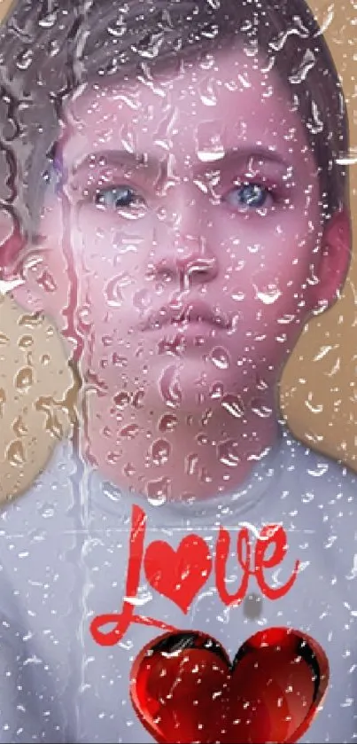 A child's portrait with raindrops and a red love symbol on a mobile wallpaper.