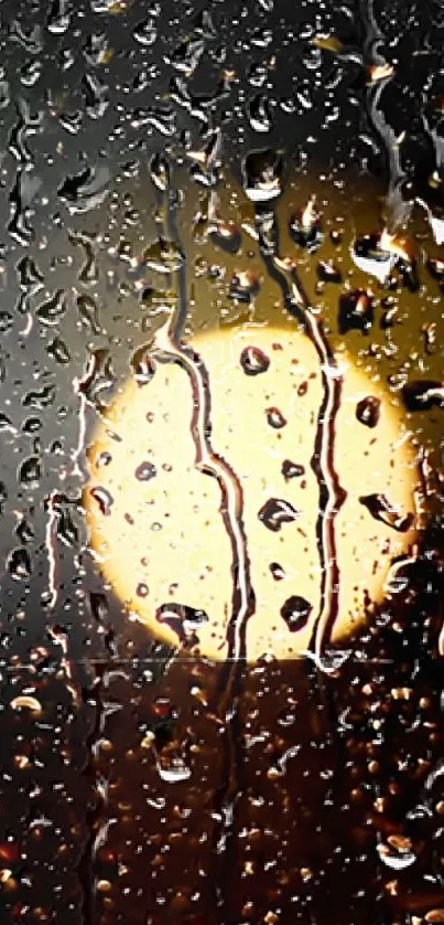 Raindrops on a window with the moon glowing softly in the background.