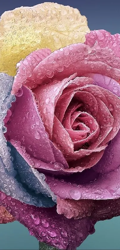 Close-up of a vibrant multicolor rose with raindrops on petals.