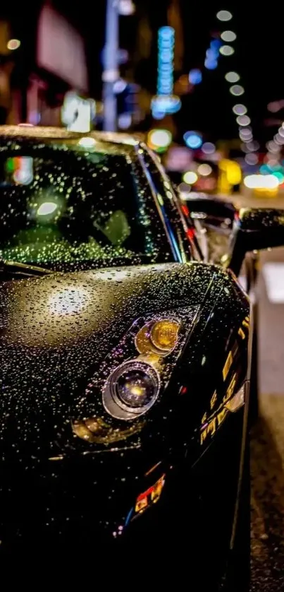 Black car at night with raindrops on hood, illuminated by city lights.