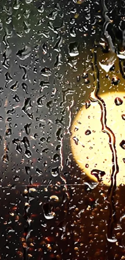 Raindrop pattern on glass with a warm nighttime glow.