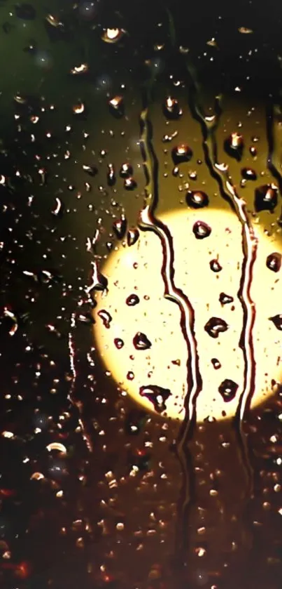 Raindrops on a window with a glowing night light behind.