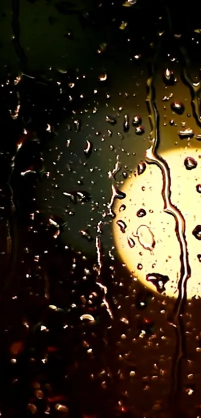 Raindrop covered window with a warm light glow during night.