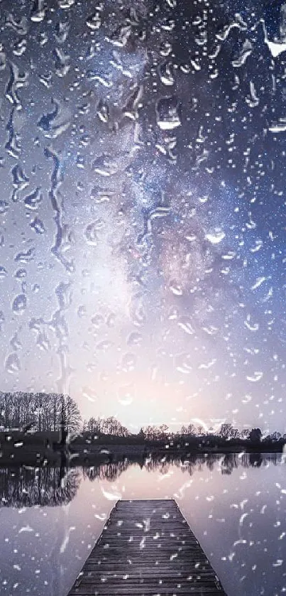 Raindrops on a serene lake under a starry night sky.