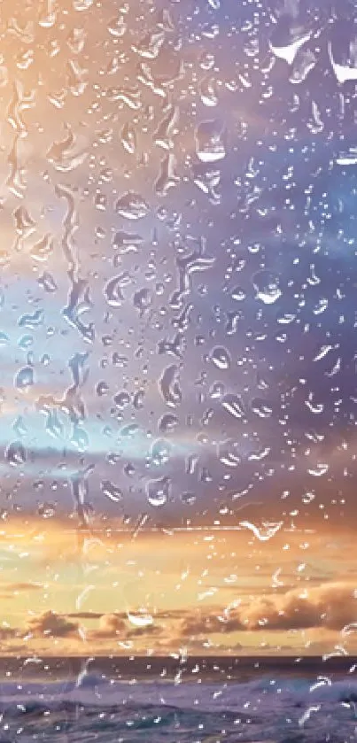 Raindrops on glass with ocean sunset in the background.