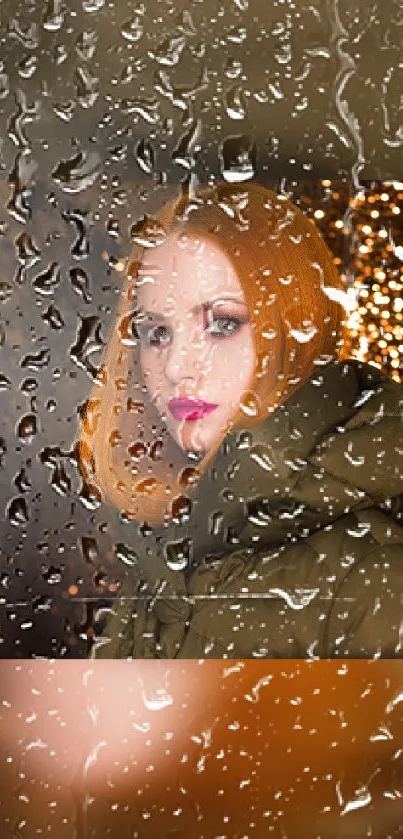 Red-haired woman behind rainy glass with lights.