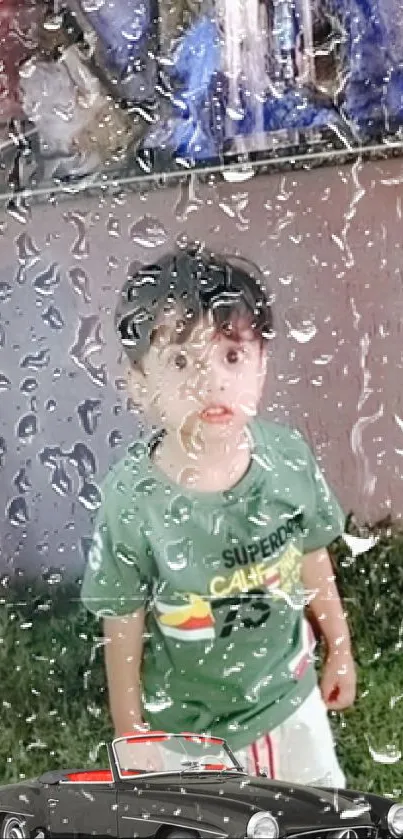 Child seen through rain-specked glass with a vintage car detail.