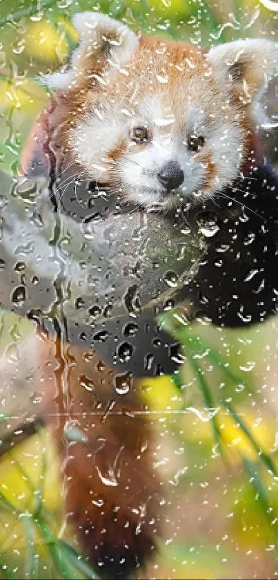 Adorable red panda in a rainy forest setting.