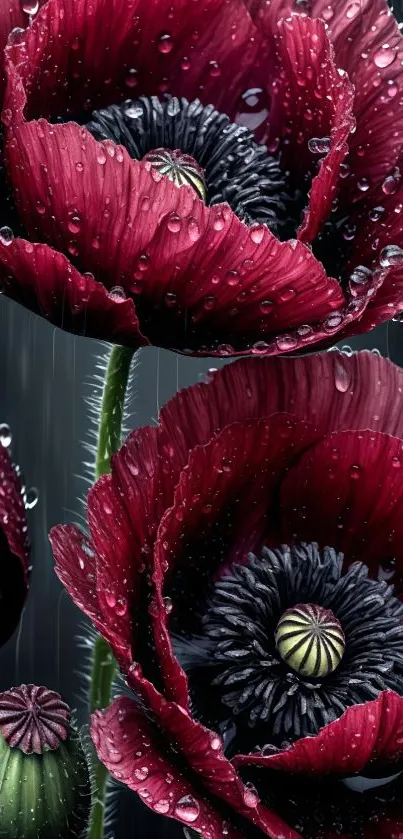 Close-up of raindrop-covered red poppies in bloom.