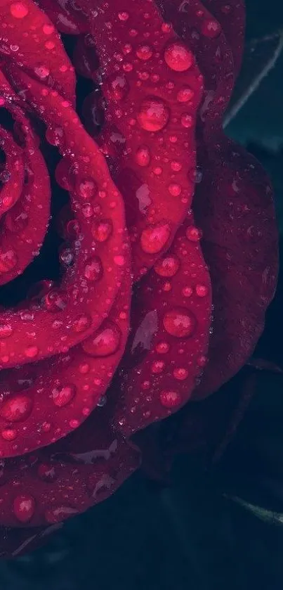 Mobile wallpaper of a raindrop-covered red rose against a dark background.