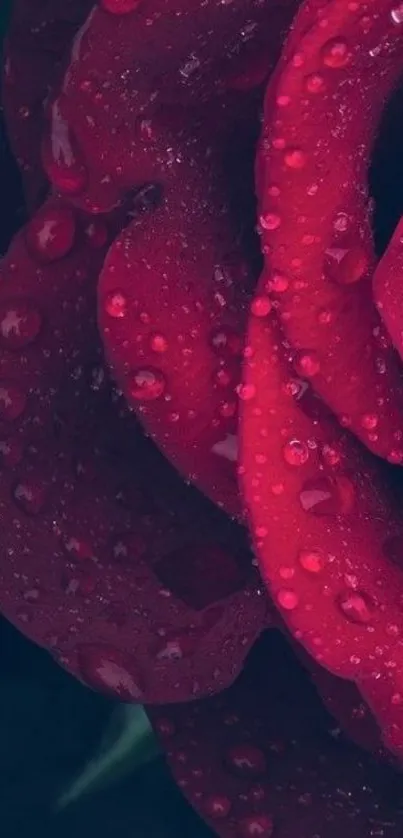 Close-up of a red rose with water droplets on petals.