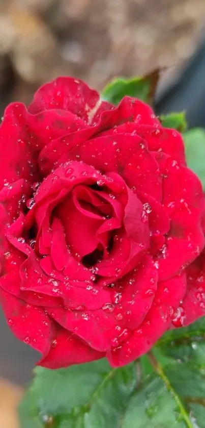 Close-up of a red rose with dewdrops on petals, perfect for floral wallpaper.