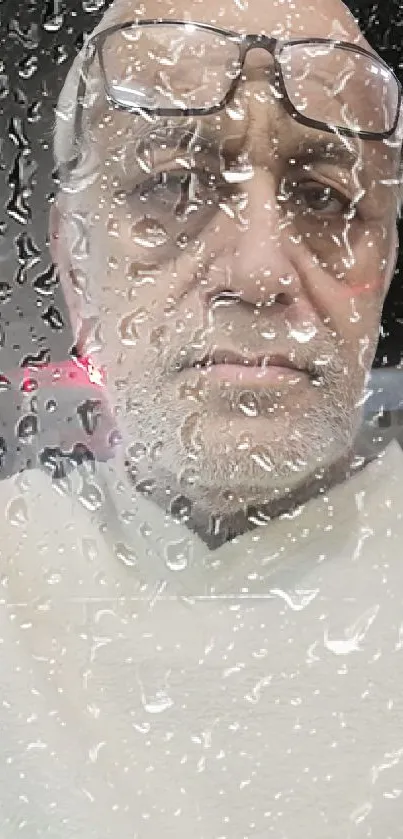 Man's portrait through raindrop-covered glass.