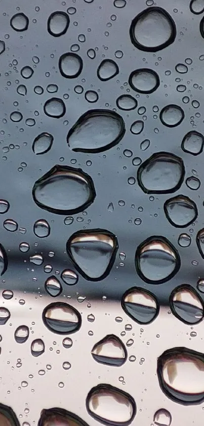 Wallpaper with raindrops on glass reflecting a serene blue-gray background.