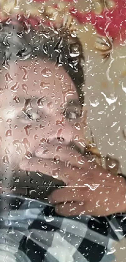 Portrait seen through raindrop-covered glass with soft colors.