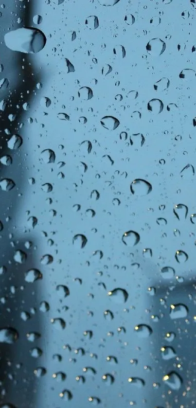 Raindrops on glass with a blue backdrop, perfect for a calming phone wallpaper.