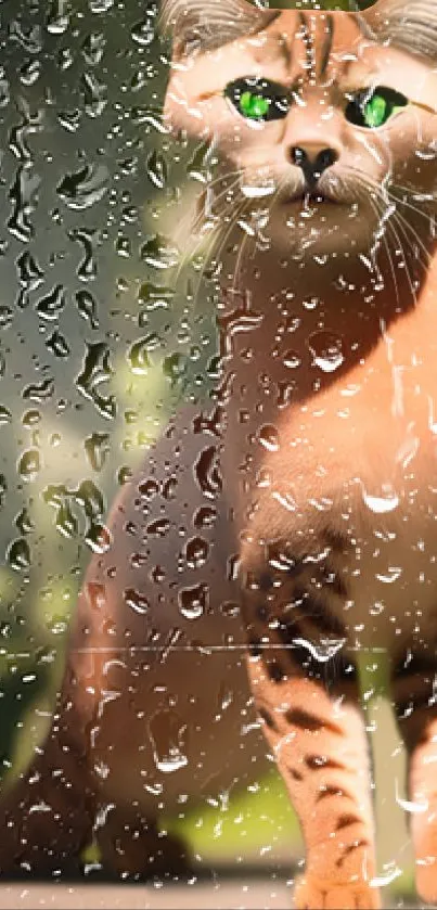 Orange cat behind raindrop-covered glass with vivid green eyes.