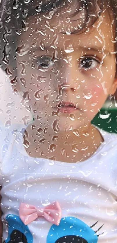 Child looking through raindrop-covered glass, thoughtful expression.