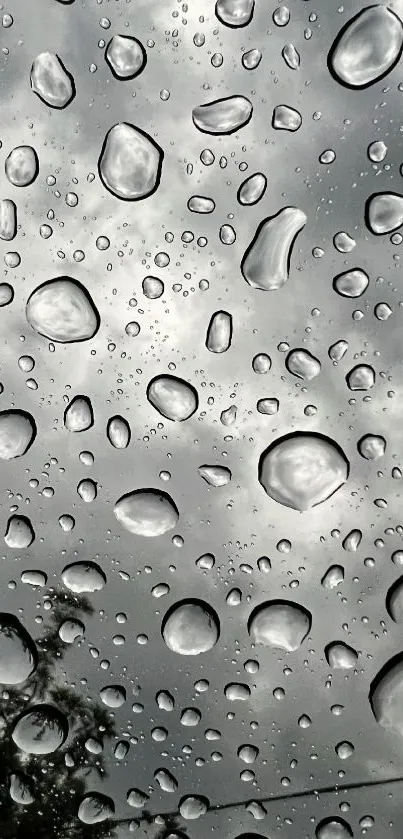 Close-up of raindrops on a window with a cloudy gray background.