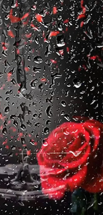 Romantic raindrop rose wallpaper with a vivid red flower on black background.