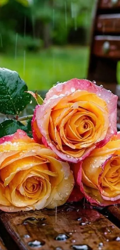 Raindrop-covered yellow roses on a bench.