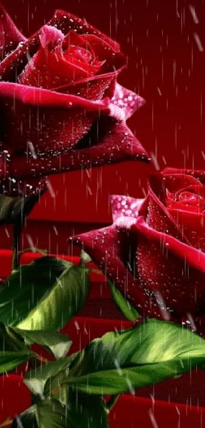 Red roses with raindrops on a vibrant red background.