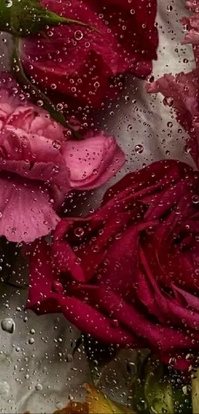 Vibrant roses with raindrops on petals in a wallpaper.