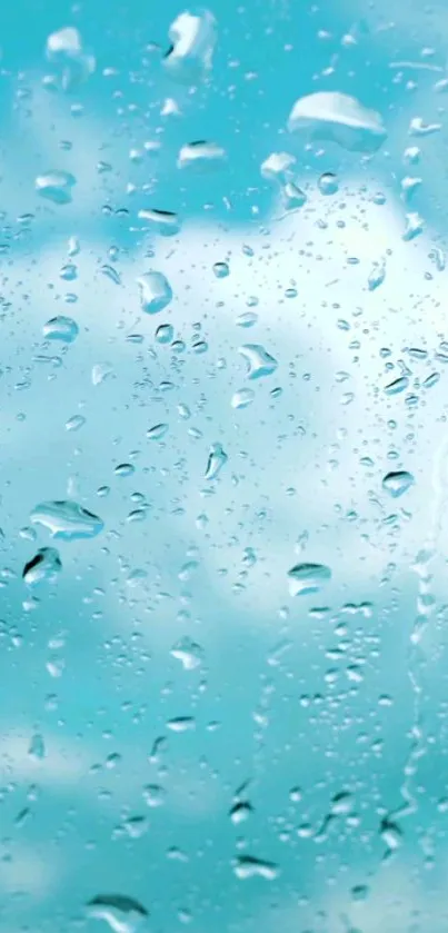 Serene raindrops on a window with a cloudy sky in the background.