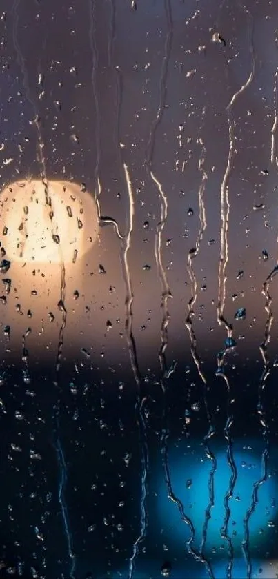 Raindrops on a window with a sunset background, creating a serene mobile wallpaper.