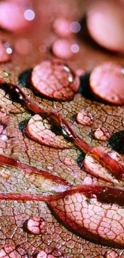 Close-up of pink leaf with raindrops, showing texture.