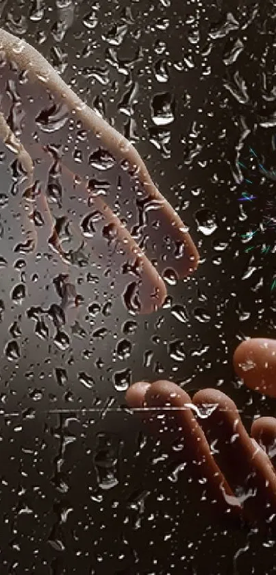 Two hands touch through raindrop-covered glass