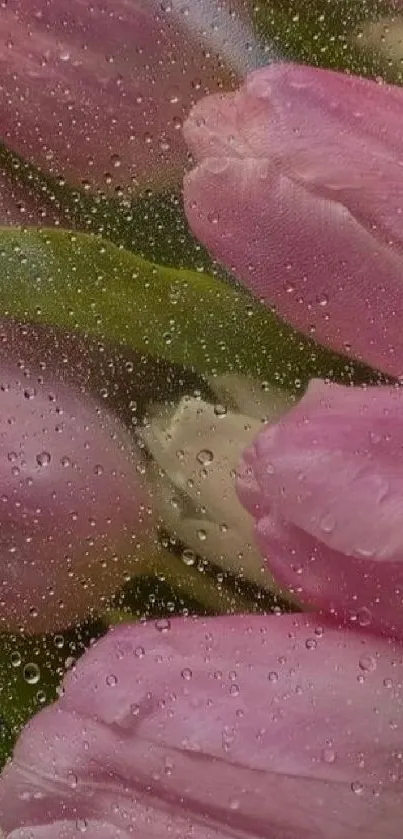 Pink tulips under raindrops creating a serene mobile wallpaper background.