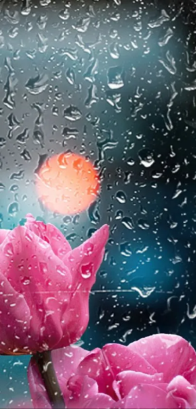 Pink tulips with raindrops on glass mobile wallpaper.