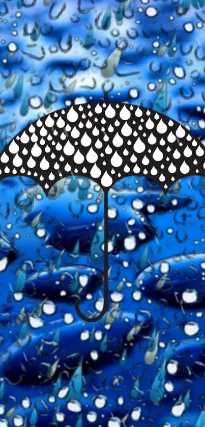 Blue wallpaper with black raindrop umbrella design.