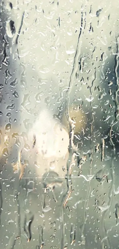 Raindrops on a window with a blurred background on a mobile wallpaper.