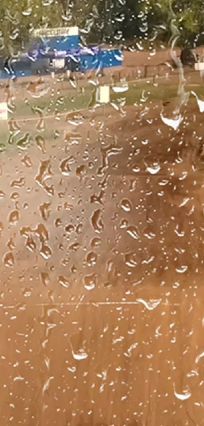 Raindrops on a window with a blurry outdoor scene.