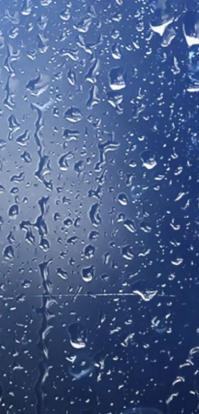 Rain droplets on a blue glass surface for mobile wallpaper.