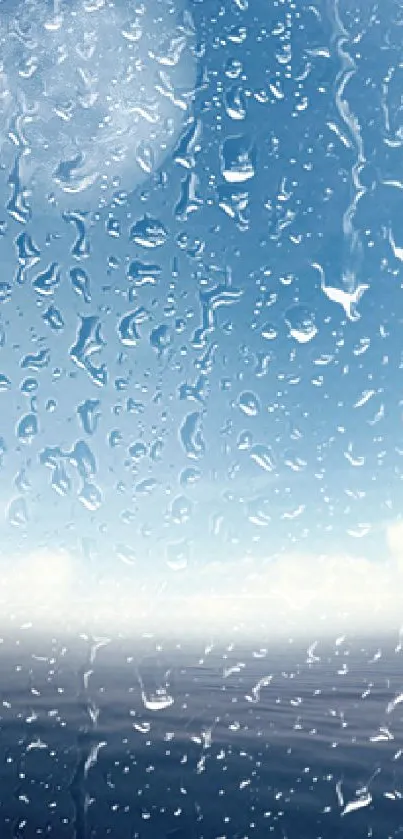 Raindrop-covered glass with ocean and sky view wallpaper.