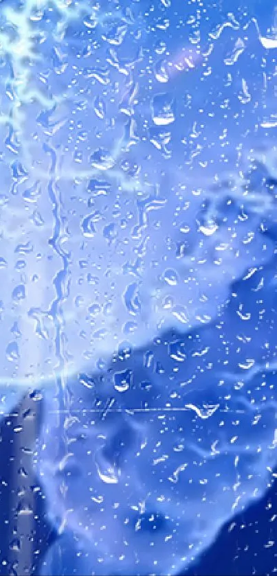 Blue wallpaper with raindrops on glass surface, creating a calm effect.