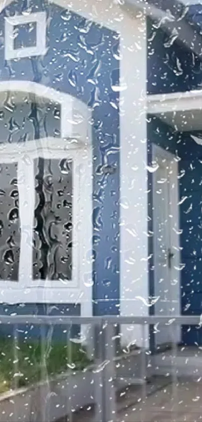 Raindrops on glass with blue house background.