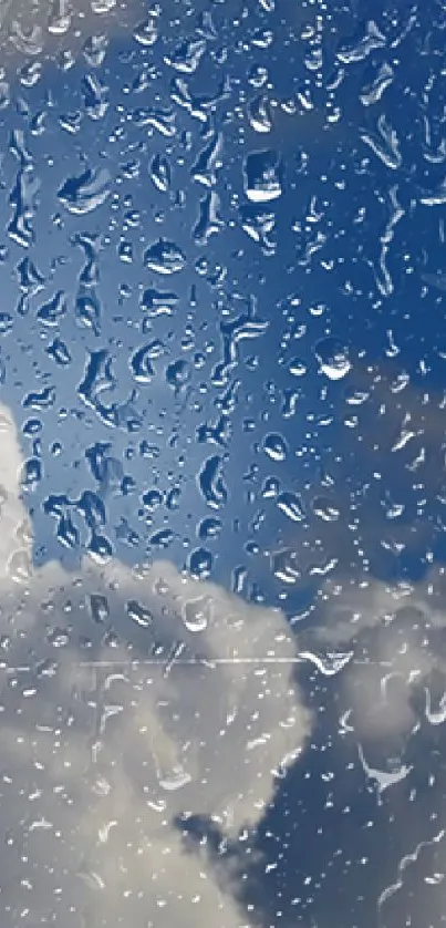 Wallpaper of raindrops on a clear, blue sky with fluffy clouds.