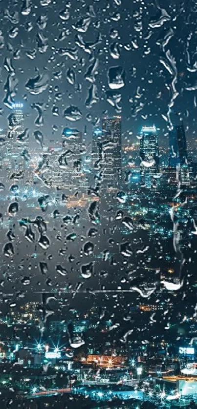 Rain-drenched city skyline with vibrant lights at night.