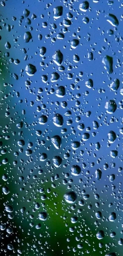 Mobile wallpaper with raindrops on blue glass surface creating a calming effect.