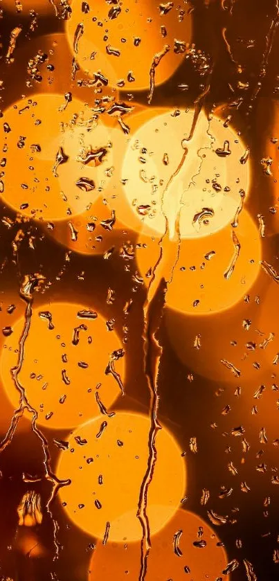 Golden bokeh lights behind rain-dotted glass.