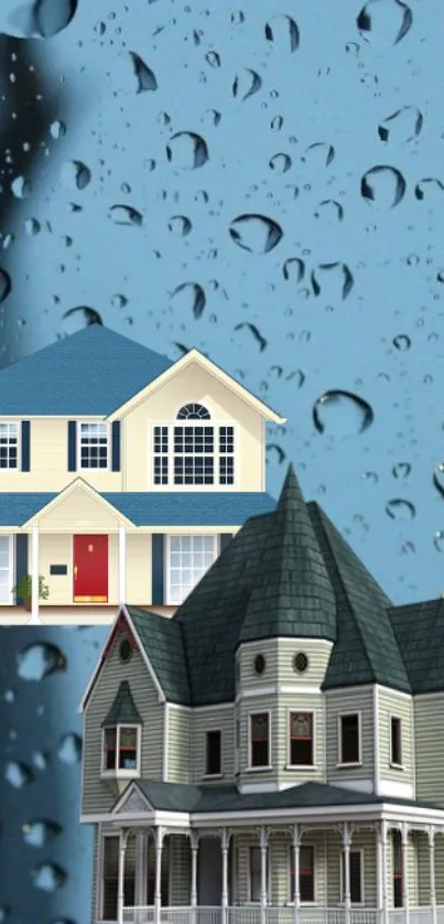 Illustrated houses with raindrop background for mobile wallpaper.