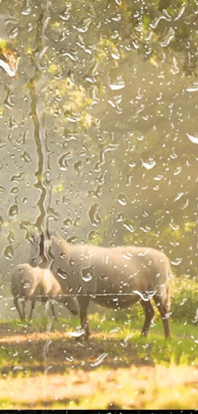 Raindrops on a peaceful scene with sheep in a sunlit pasture.