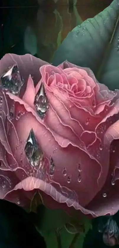 Pink rose with raindrops on a mobile wallpaper background.