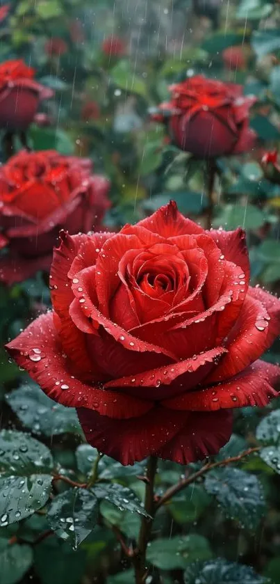 Close-up of red roses with raindrops in a garden setting.