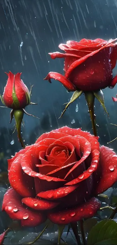 Stunning red roses with raindrops under a cloudy sky.